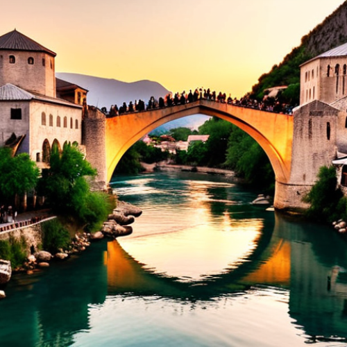 Home 20 **Mostar: Bridge of Resilience and Bazaar Life**
A breathtaking view of the Stari Most (Old Bridge) in Mostar, Bosnia, at sunset. The bridge is bathed in warm golden light, reflecting on the emerald green Neretva river. Surrounding it are the ancient cobblestone streets of the Kujundžiluk (Old Bazaar), featuring the soft glow of copper lamps and subtle hints of fragrant Turkish coffee. The image should convey a sense of enduring history, cultural warmth, and the vibrant life around this iconic symbol of resilience.