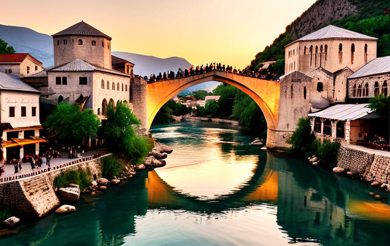 **Mostar: Bridge of Resilience and Bazaar Life**
A breathtaking view of the Stari Most (Old Bridge) in Mostar, Bosnia, at sunset. The bridge is bathed in warm golden light, reflecting on the emerald green Neretva river. Surrounding it are the ancient cobblestone streets of the Kujundžiluk (Old Bazaar), featuring the soft glow of copper lamps and subtle hints of fragrant Turkish coffee. The image should convey a sense of enduring history, cultural warmth, and the vibrant life around this iconic symbol of resilience.