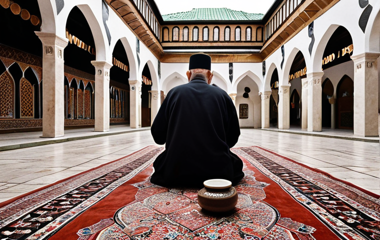 **Ottoman Legacy in Bosnia:** A bustling scene in Sarajevo's Baščaršija, showcasing Ottoman-era architecture, including a mosque with Islamic calligraphy, artisans crafting intricate carpets, and vibrant ceramics on display. Capture the historical atmosphere and fusion of cultures.