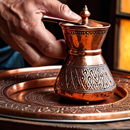 Home 18 **
* A close-up shot in Kazandžiluk street, focusing on a craftsman's hands skillfully hammering intricate designs onto a copper coffee set. Capture the warm glow of the copper, the detail of the Ottoman-inspired engravings, and the artisan's focused expression. Soft, diffused lighting to highlight the textures.
Keywords: Kazandžiluk, Sarajevo, craftsman, copper, coffee set, Ottoman, engravings, artisan, workshop, handmade, traditional, detailed, focused, warm lighting.
**