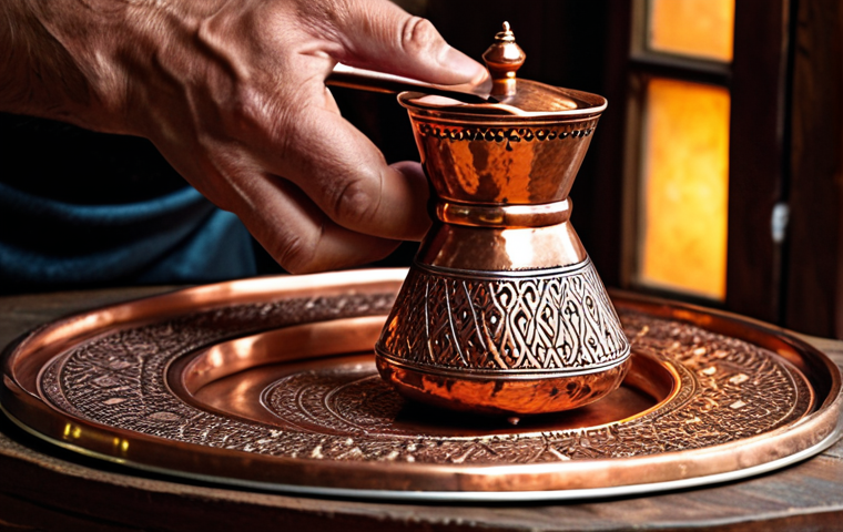 **
* A close-up shot in Kazandžiluk street, focusing on a craftsman's hands skillfully hammering intricate designs onto a copper coffee set. Capture the warm glow of the copper, the detail of the Ottoman-inspired engravings, and the artisan's focused expression. Soft, diffused lighting to highlight the textures.
Keywords: Kazandžiluk, Sarajevo, craftsman, copper, coffee set, Ottoman, engravings, artisan, workshop, handmade, traditional, detailed, focused, warm lighting.
**