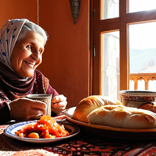 Home 9 A warm, inviting scene inside a traditional Bosnian home. An elderly Bosnian woman with kind eyes smiles warmly at a younger person across a wooden table. On the table, a copper džezva sits next to several fildžan cups, with rahat lokum on a small, ornate tray. The table is also laden with an abundance of traditional Bosnian dishes like sarma, fresh bread, and colorful salads, suggesting a generous meal. Sunlight filters through a window, illuminating dust motes and creating a soft, cozy atmosphere. The focus is on genuine connection, shared stories, and the abundant hospitality of the hosts. Realistic, highly detailed, warm lighting, inviting.