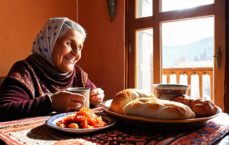 A warm, inviting scene inside a traditional Bosnian home. An elderly Bosnian woman with kind eyes smiles warmly at a younger person across a wooden table. On the table, a copper džezva sits next to several fildžan cups, with rahat lokum on a small, ornate tray. The table is also laden with an abundance of traditional Bosnian dishes like sarma, fresh bread, and colorful salads, suggesting a generous meal. Sunlight filters through a window, illuminating dust motes and creating a soft, cozy atmosphere. The focus is on genuine connection, shared stories, and the abundant hospitality of the hosts. Realistic, highly detailed, warm lighting, inviting.