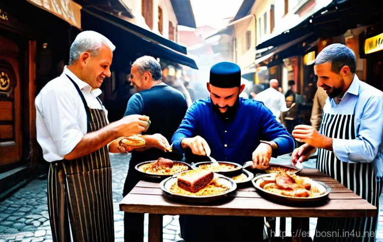 보스니아의 할랄 음식점 리스트 - **Prompt:** "A vibrant and bustling street food scene in Sarajevo's historic Ba&scaron;čar&scaron;ija. In the fore...