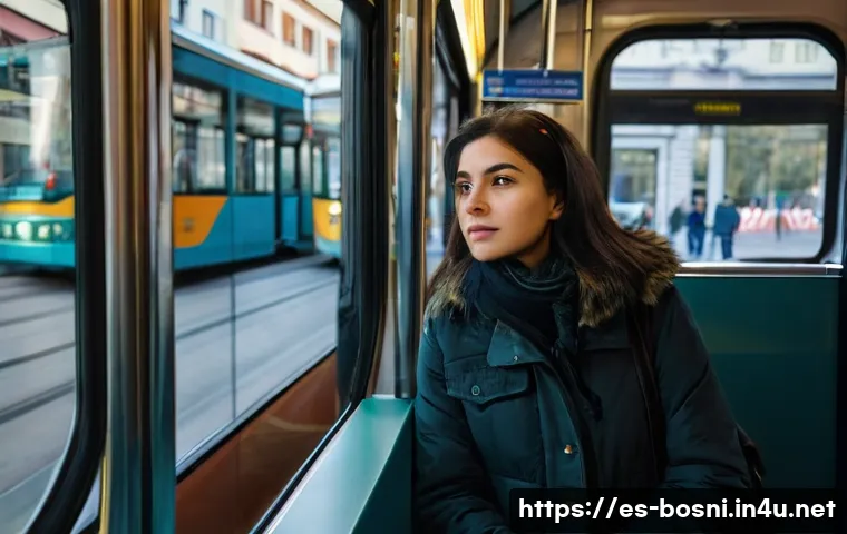 보스니아 대중교통 이용법 - **Prompt:** A vibrant, eye-level shot inside a modern Sarajevo tram, bustling with diverse passenger...