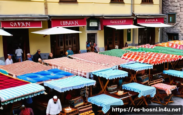 보스니아 크로아티아 여행 코스 추천 - A vibrant scene of Sarajevo&rsquo;s Ba&scaron;čar&scaron;ija bazaar during a sunny afternoon, showcasing cobblestone str...