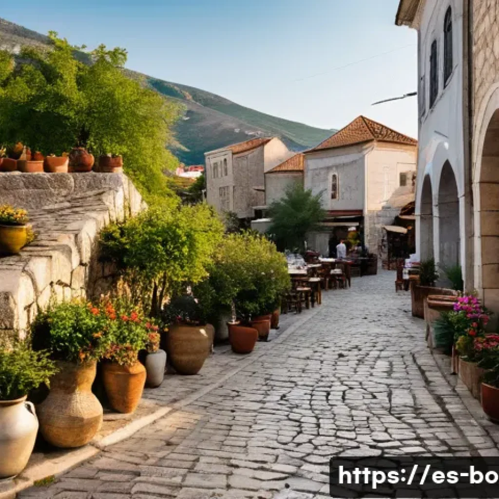 모스타르 올드타운 여행 팁 - A charming narrow cobblestone street in Mostar’s old town, bathed in warm morning sunlight. Traditio...