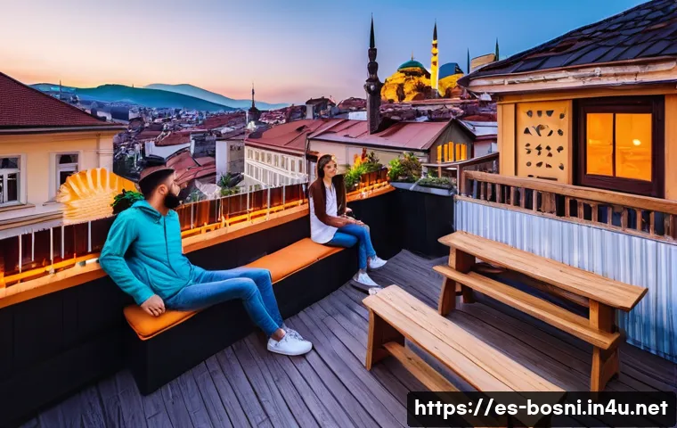 보스니아에서 배낭여행하기 좋은 숙소 추천 - Charming hostel rooftop terrace in Sarajevo&rsquo;s old town at sunset, featuring young backpackers relaxi...