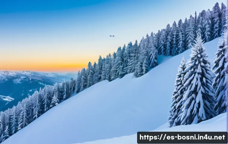 보스니아 겨울 여행 추천지 - A panoramic winter landscape of the snowy mountains in Bosnia, featuring ski slopes at Jahorina with...