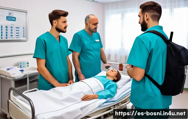 보스니아에서 여행 보험이 필요한 이유 - A detailed scene inside a modern hospital room in Sarajevo, Bosnia, showing a diverse group of touri...
