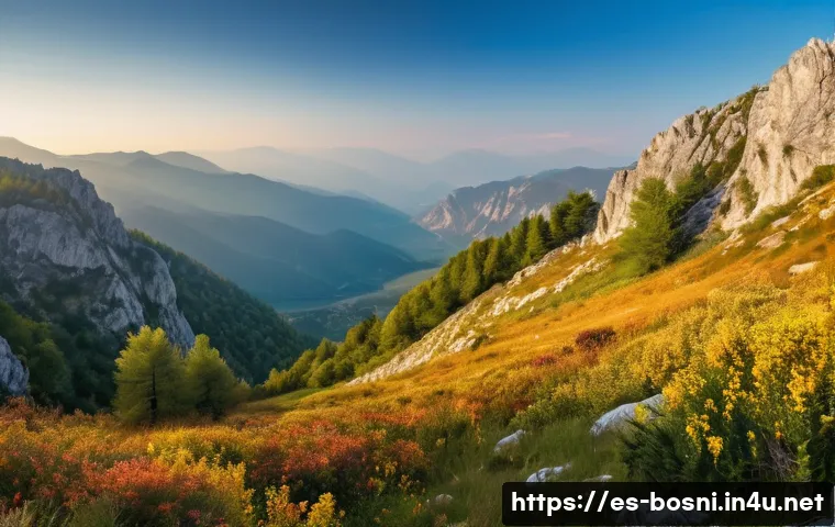 보스니아에서 경험할 수 있는 모험 여행 - A serene panoramic view of the untouched Dinaric Mountains in Bosnia during early autumn, showcasing...