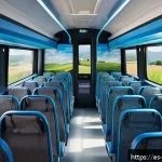 보스니아에서 유럽 다른 국가로 이동하는 방법 - A modern, comfortable European bus interior with passengers of diverse ages using Wi-Fi and charging...