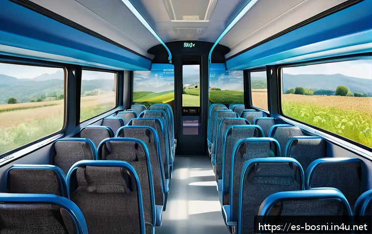보스니아에서 유럽 다른 국가로 이동하는 방법 - A modern, comfortable European bus interior with passengers of diverse ages using Wi-Fi and charging...