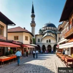사라예보 역사적 명소 - A vibrant street scene in Ba&scaron;čar&scaron;ija, Sarajevo&rsquo;s Old Town, showcasing cobblestone streets lined with...