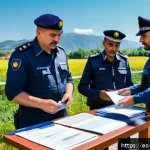 보스니아 헤르체고비나에서 운전할 때 필요한 서류 - A detailed scene at a Bosnia and Herzegovina border crossing checkpoint showing a diverse group of t...