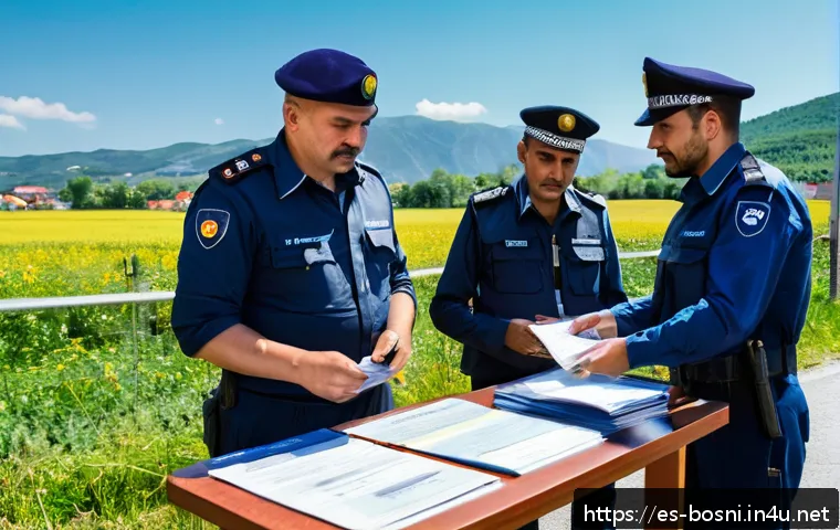 보스니아 헤르체고비나에서 운전할 때 필요한 서류 - A detailed scene at a Bosnia and Herzegovina border crossing checkpoint showing a diverse group of t...