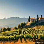 보스니아에서 추천하는 와이너리 - A picturesque Bosnian vineyard landscape in early autumn, rolling green hills covered with neat rows...