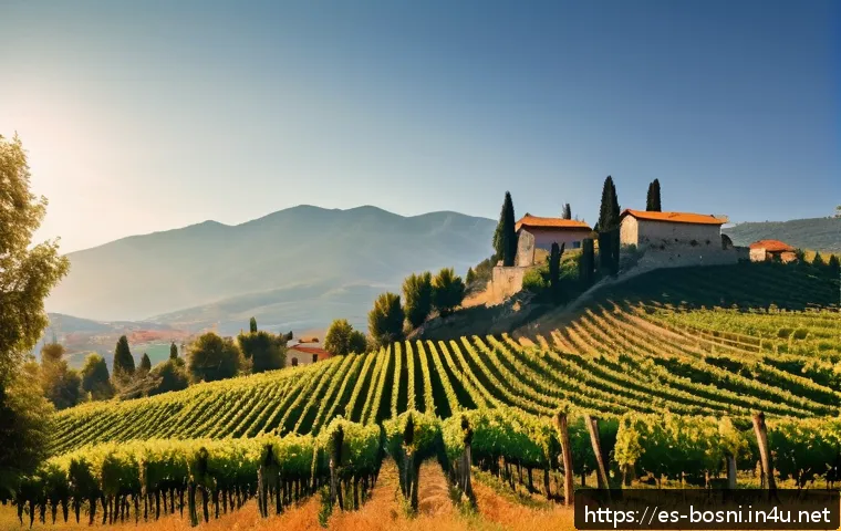 보스니아에서 추천하는 와이너리 - A picturesque Bosnian vineyard landscape in early autumn, rolling green hills covered with neat rows...