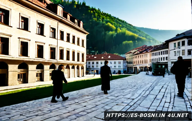 Home 17 보스니아 내전 후 부흥 과정 - Photorealistic wide-angle view of postwar Sarajevo reconstruction, restored historic buildings besid...