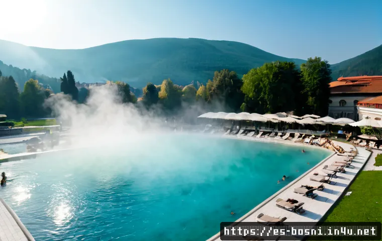 보스니아의 유명한 온천 여행지 - Photorealistic wide view of a famous Bosnian thermal spa in Ilidža near Sarajevo, elegant historic s...