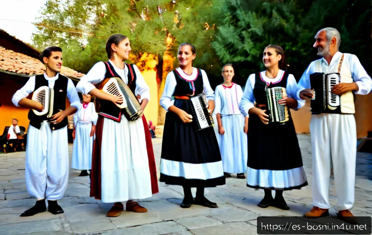 보스니아 전통 춤과 무용 문화 - Photorealistic traditional Bosnian folk dance in a sunlit village courtyard, mixed-age dancers holdi...
